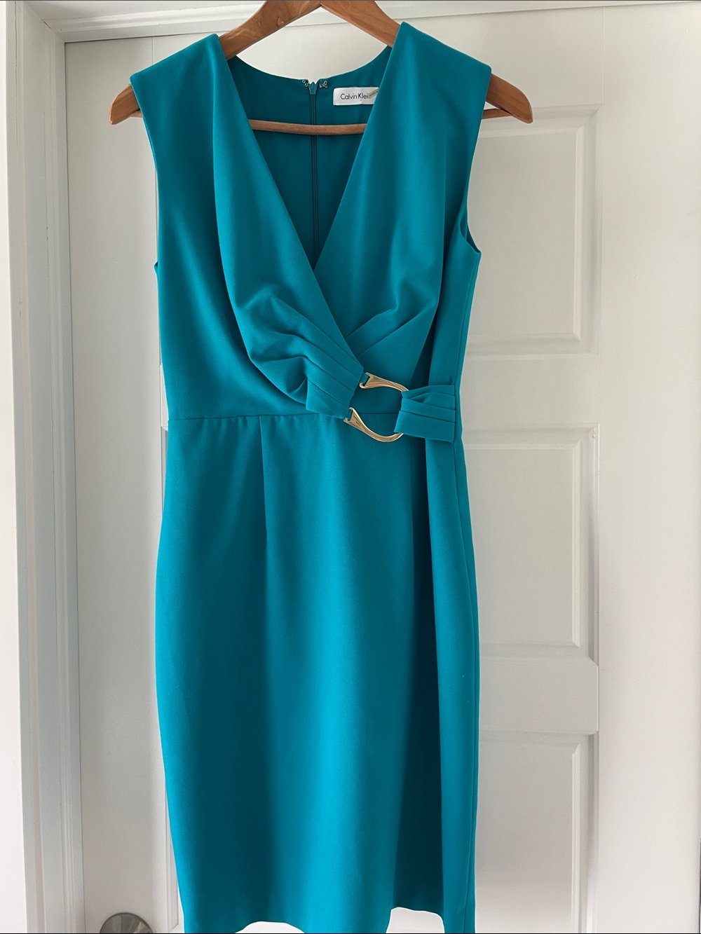 Calvin Klein Teal V-Neck Sleeveless Sheath Dress with Buckle Detail